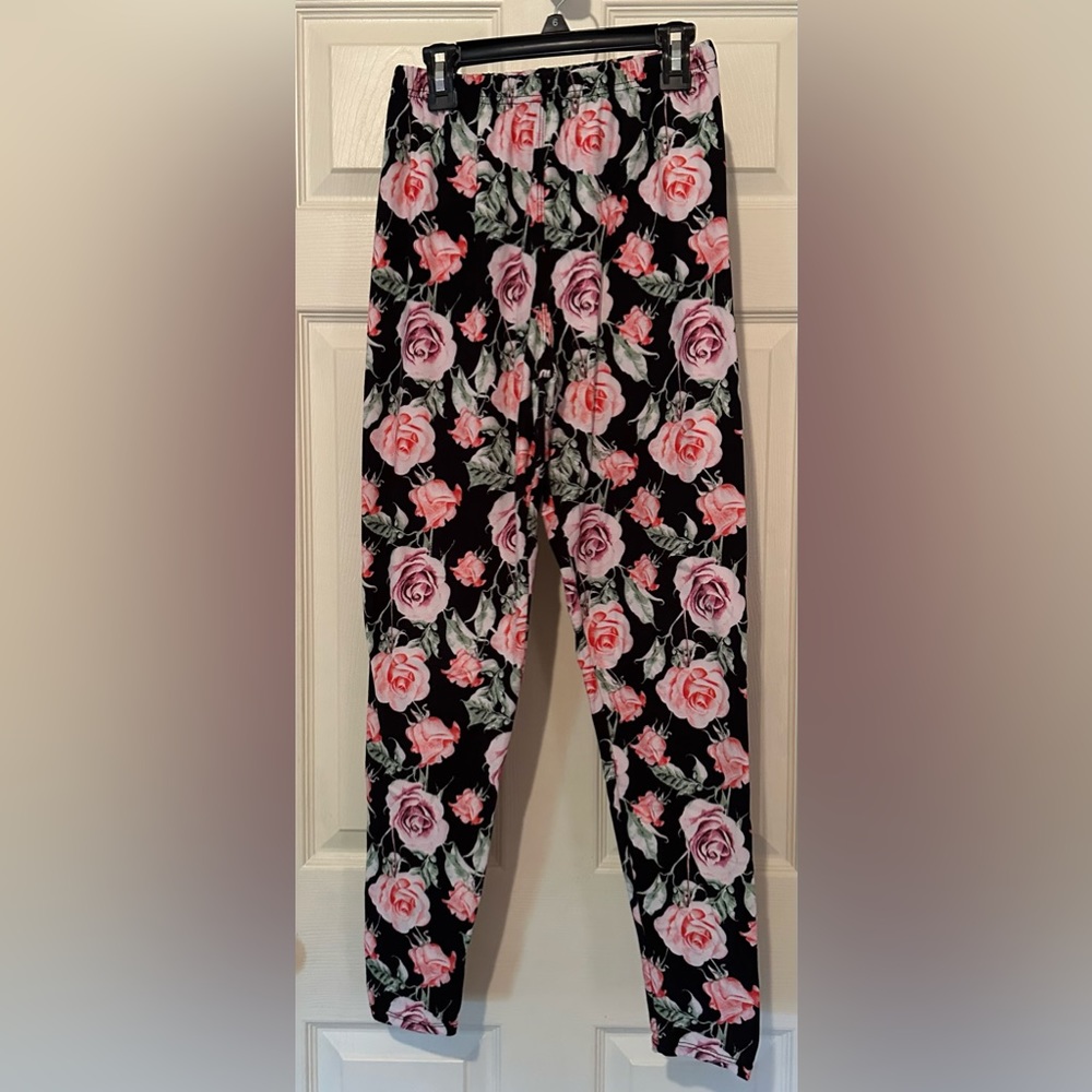 Black Leggings With Pink Rose Design